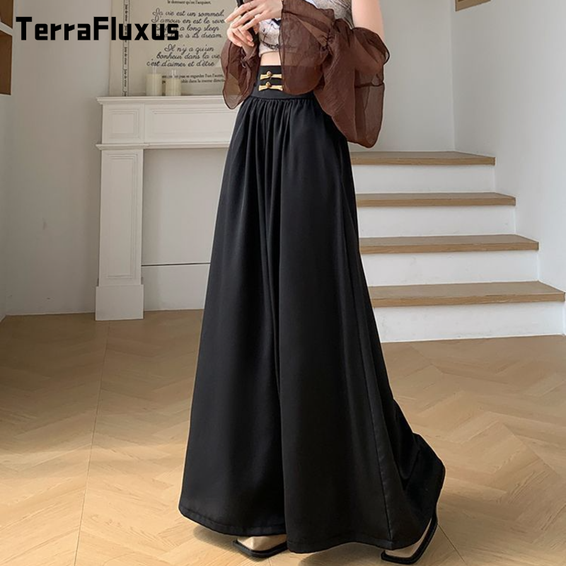 TerraFluxus   Trang Phục Mùa Hè Của Phụ Nữ Phong Cách Mới Băng Lụa Xếp Nếp Quần Thoải Mái Quần Ống Rộng Cạp Cao Váy