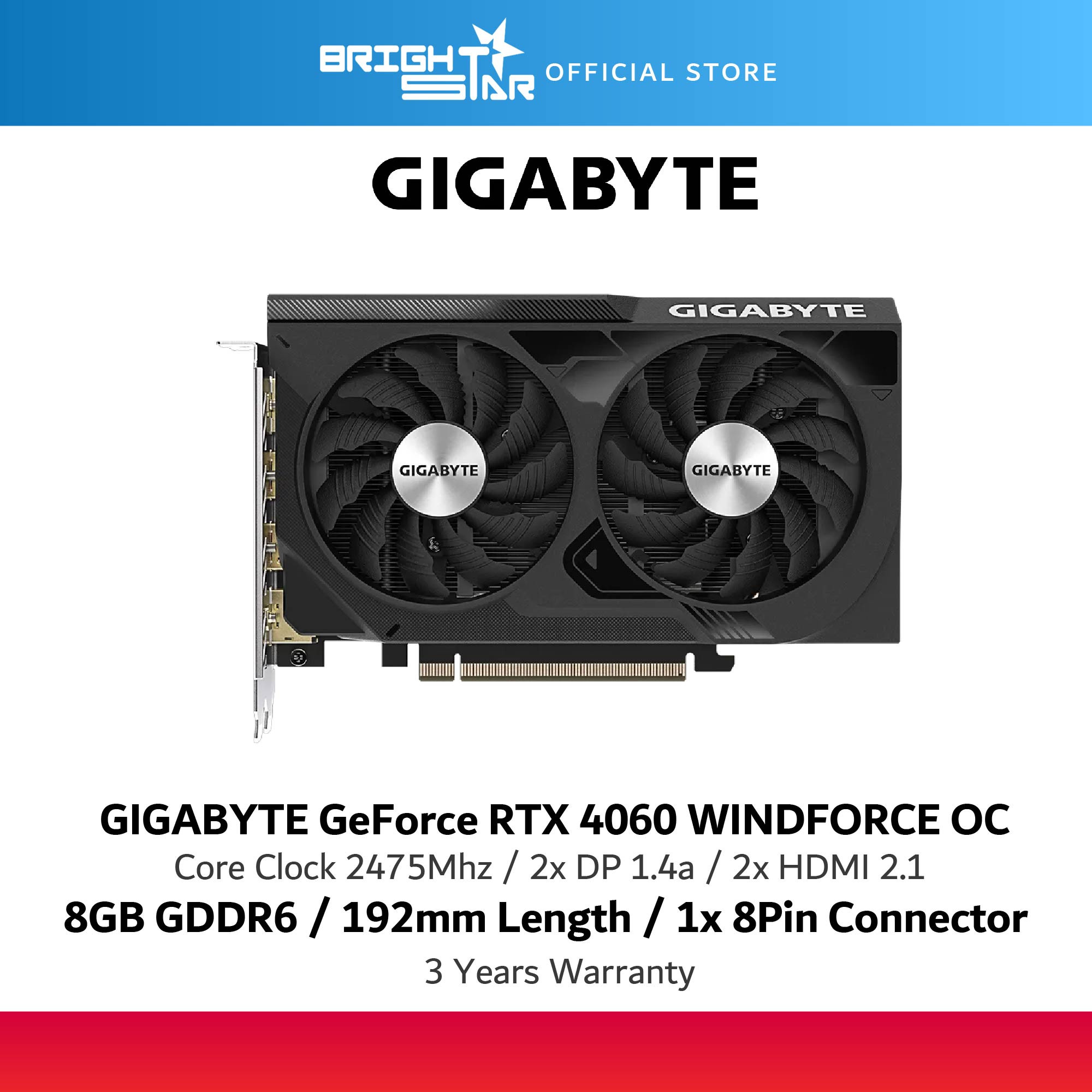 GIGABYTE GeForce RTX 4060 WINDFORCE OC 8G Graphics Card, 2X WINDFORCE Fans,  8GB 128-bit GDDR6, GV-N4060WF2OC-8GD Video Card