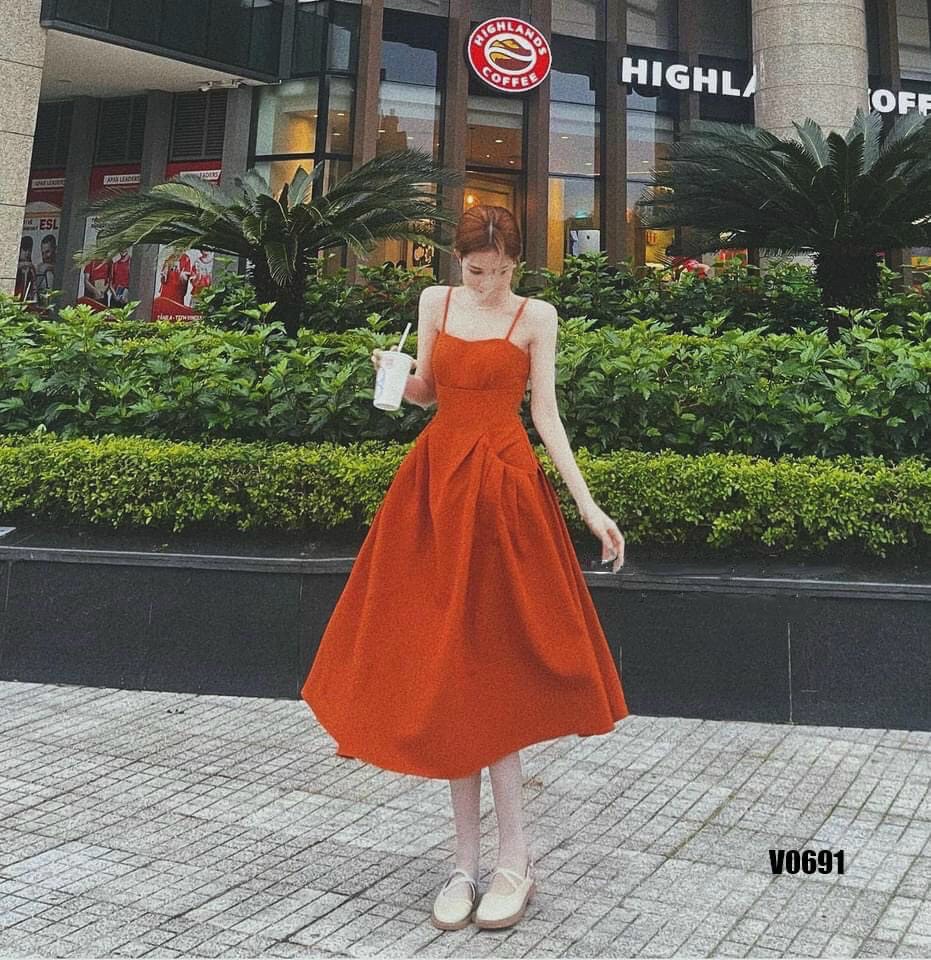 Đầm maxi 2 dây suông sanjoli váy xòe vải kate dáng xòe nhẹ đi dự tiệc cưới sang chảnh màu cam