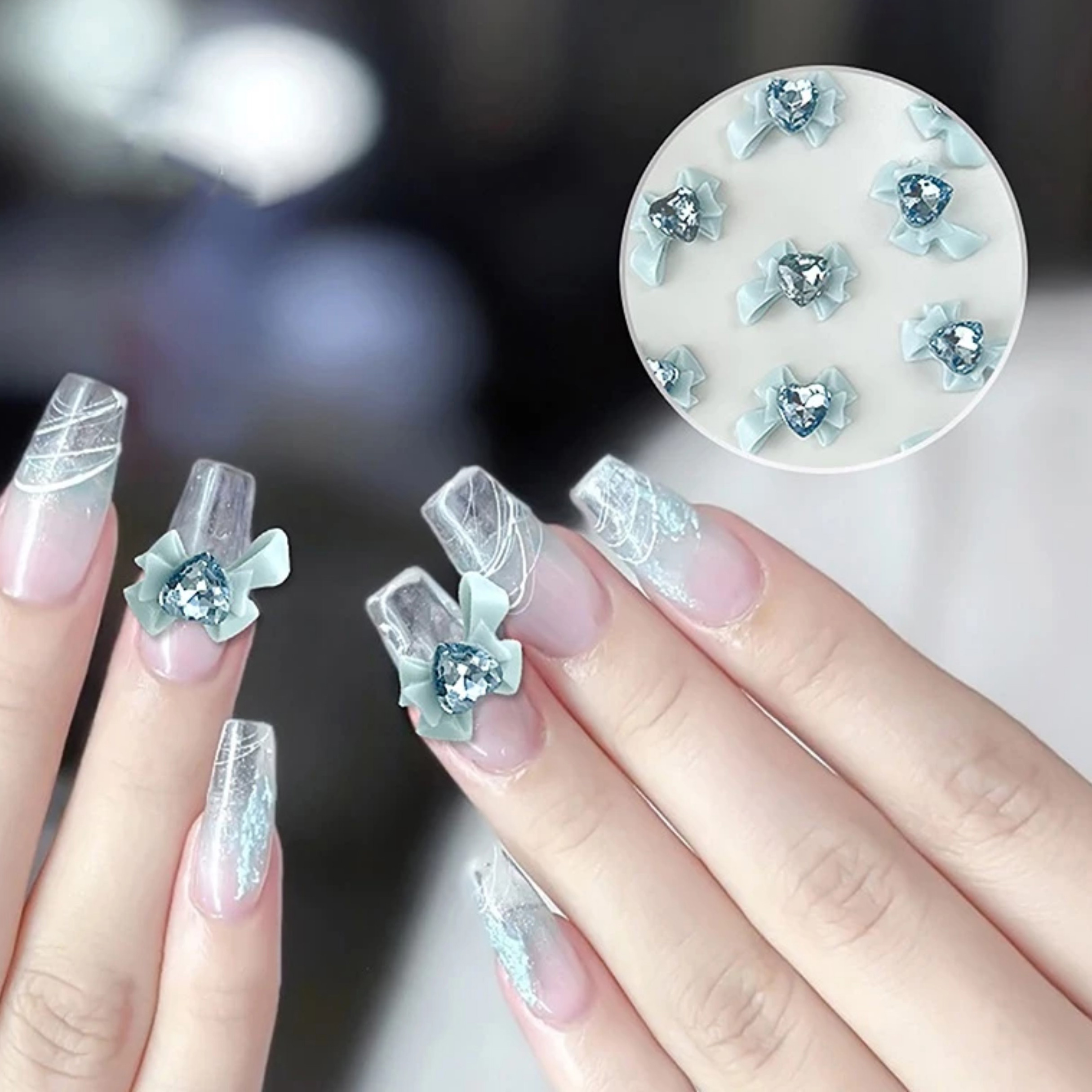Set 10 charm nơ Ruy băng đính đá 3D trang trí móng