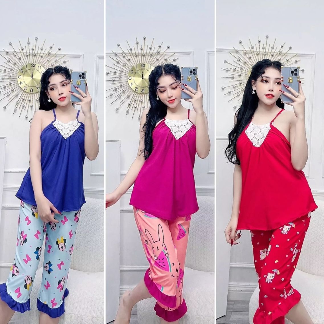 Set Bộ Lửng Cổ Yếm Phối Ren Xinh Xắn Freesize Dưới 58kg, Vải lụa hàn mềm mại