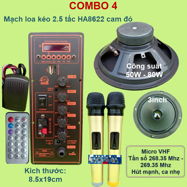 Mạch loa kéo 2.5 tấc đơn HA8622 cam đỏ