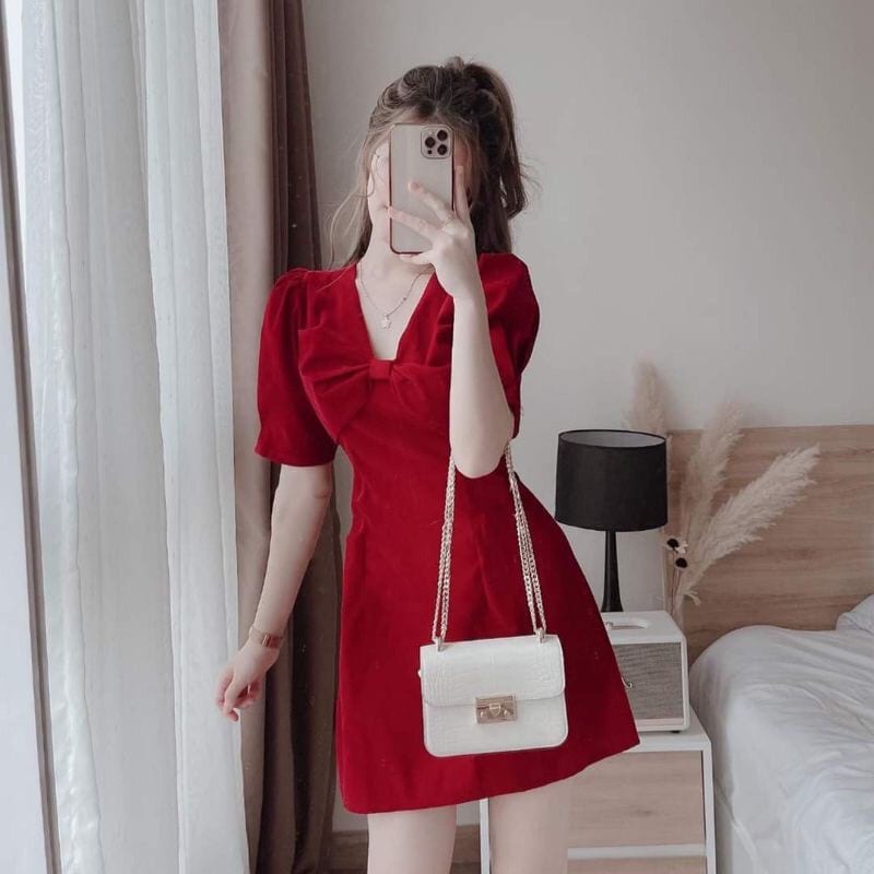 Đầm Váy Nhung Đỏ Nơ Siêu Xinh