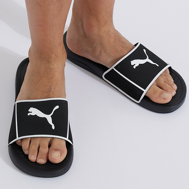 Puma Sandal Slide Popcat 20 Shower Black- White 384262 01 | Lazada Indonesia