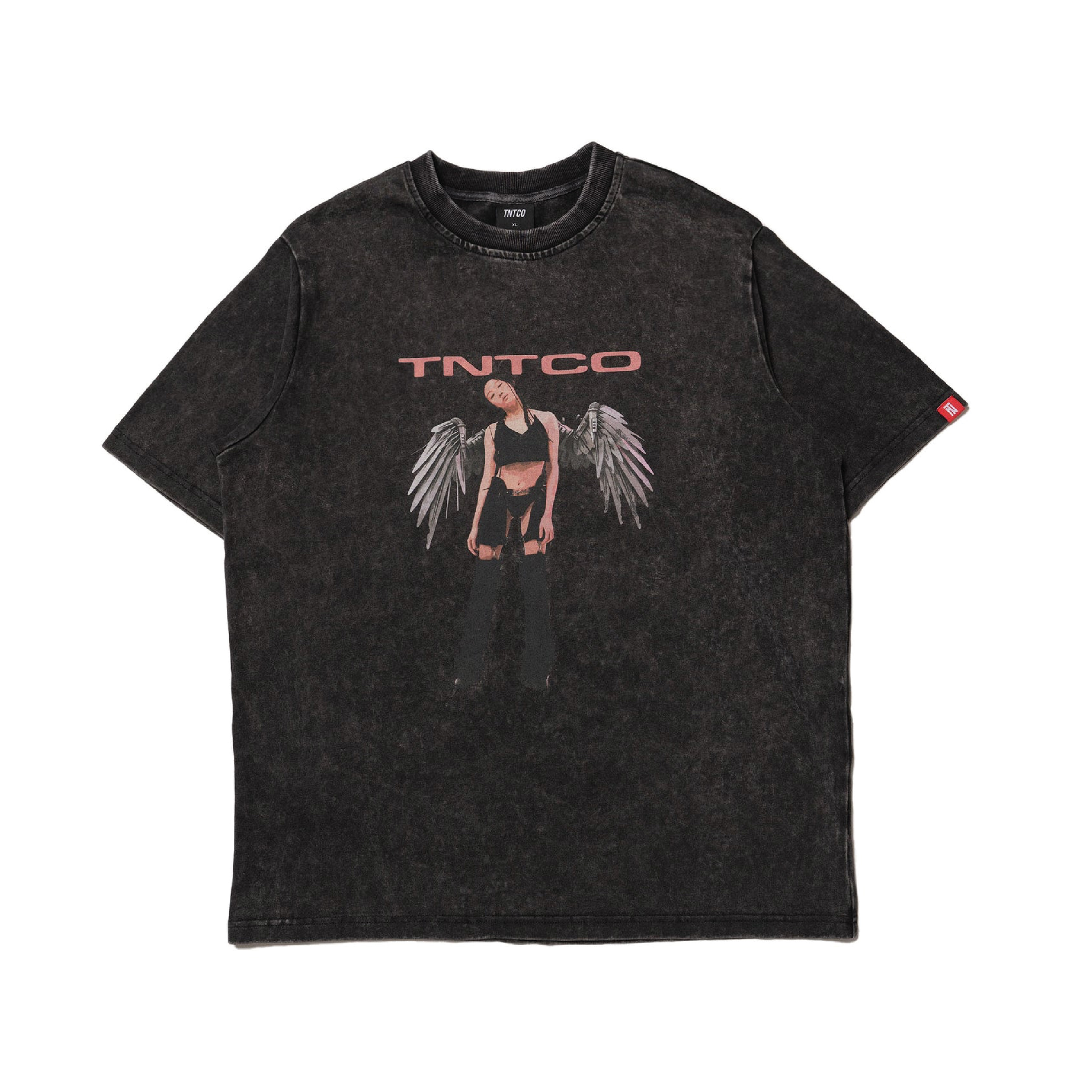 TNTCO x BDCF Angel Stoned Wash Tee Black Oversized Casual Graphic 
