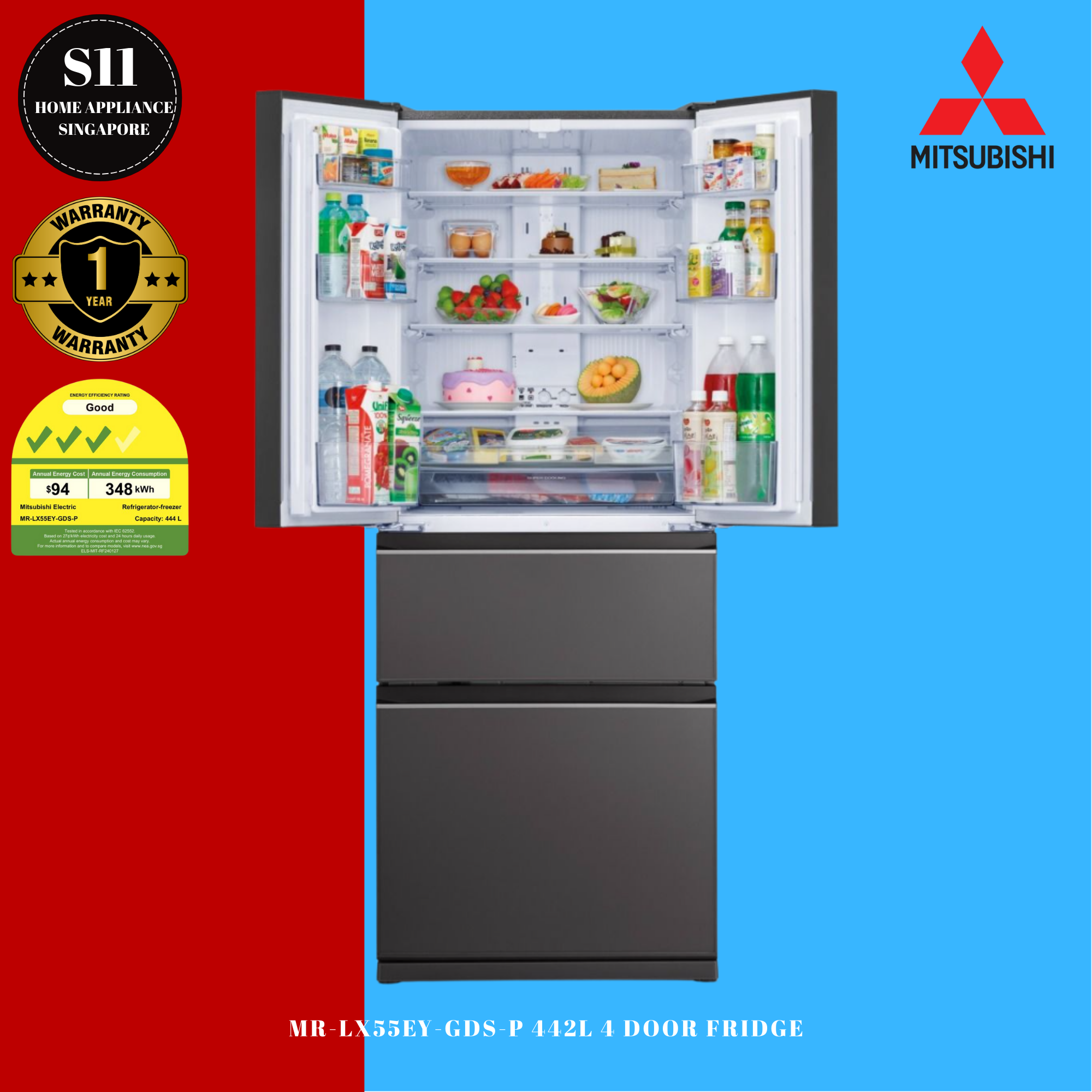 MITSUBISHI MR-LX55EY 442L 4 DOOR FRIDGE (3 TICKS) + 1 YEAR
