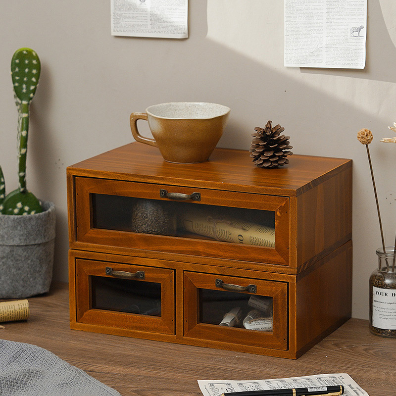 Chinese style solid wood drawer type retro computer elevated shelf desktop storage box cosmetics office desk shelf