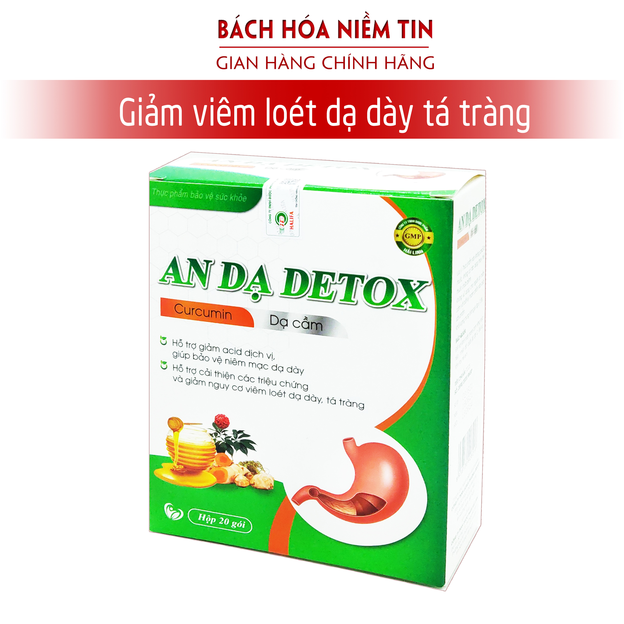 Cốm giảm đau dạ dày An Dạ Detox - thành phần curcumin chè dây bình vôi...thảo dược quý giúp giảm viêm loét dạ dày tá tràng hiệu quả - Hộp 20 gói