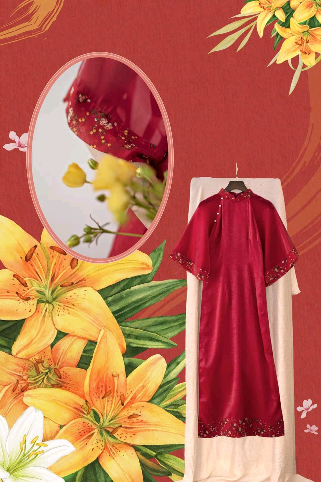ÁO DÀI CÁCH TÂN NỮ THIẾT KẾ TAY PHỐI TƠ HOA NHÍ ĐÍNH NGỌC - ÁO DÀI TRUYỀN THỐNG MAY SẴN MÀU ĐỎ- ÁO DÀI NỮ SINH