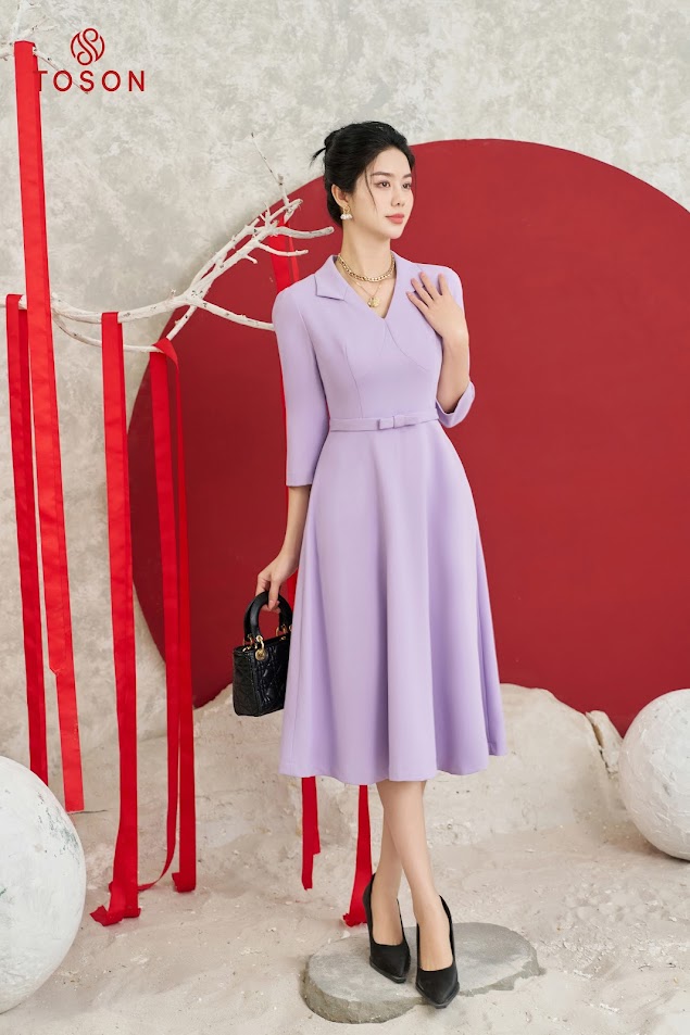 Đầm tím xòe, eo đính nơ 49970T13 Toson