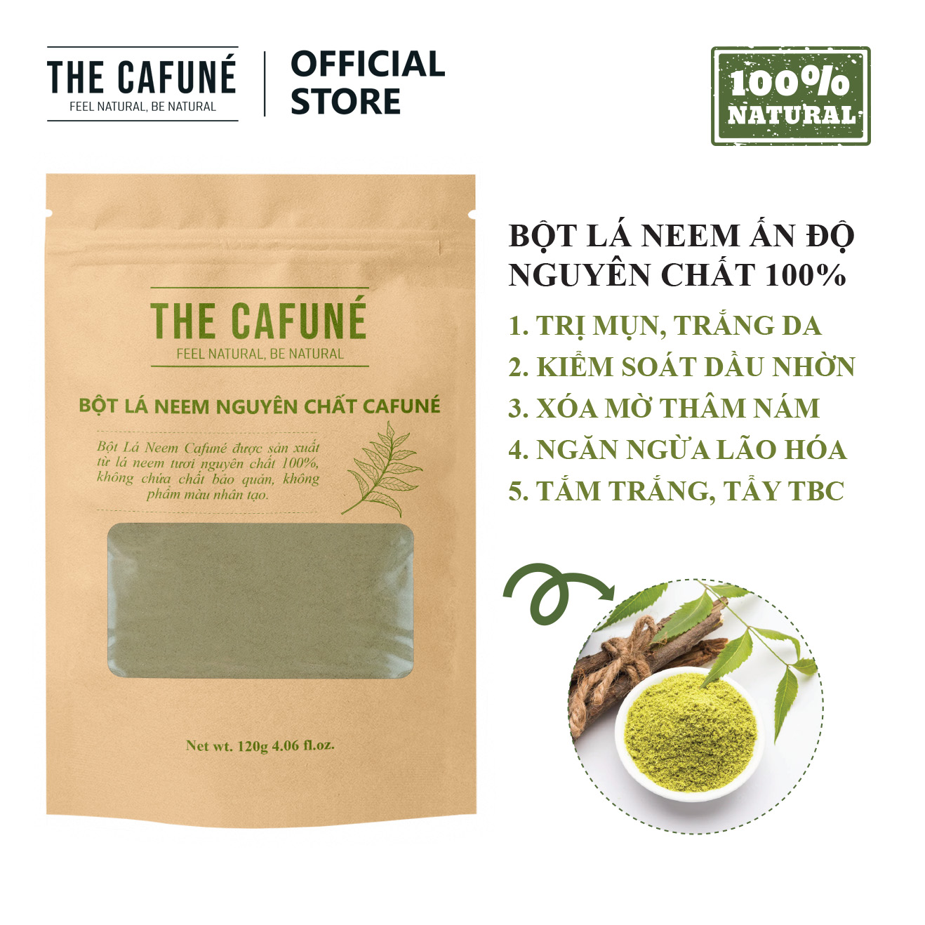 Bột lá neem Ấn Độ Cafuné – hữu cơ nguyên chất 100% (60 Gram)