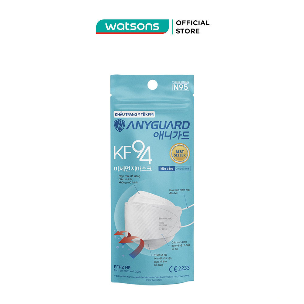 Khẩu trang y tế anyguard kf94 ffp2 lớn màu trắng túi 5 cái/túi