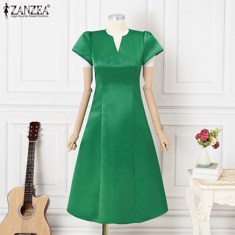 ZANZEA%20Korean%20Style%20Women's%20Dress%20V-Neck%20Puff%20Sleeve%20Dresses%20Party%20Prom%20Elastic%20Waist%20A-Line%20Dress%20-%20Image%205