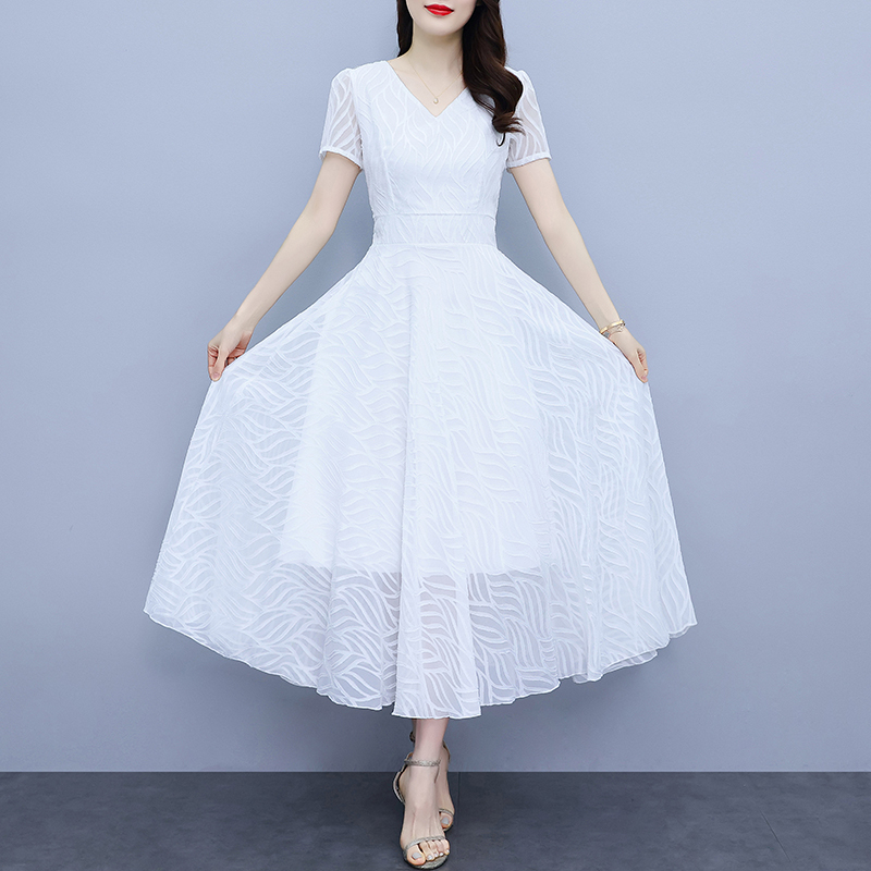 LKK Gaun Putih Korea Baru/Pendek -Sleeved V -Neck Chiffon Long Rok/korean  style dress/dress pesta Dress Pesta V-Neck Sleeved Model A-Line Casual -  Lazada | Lazada Indonesia