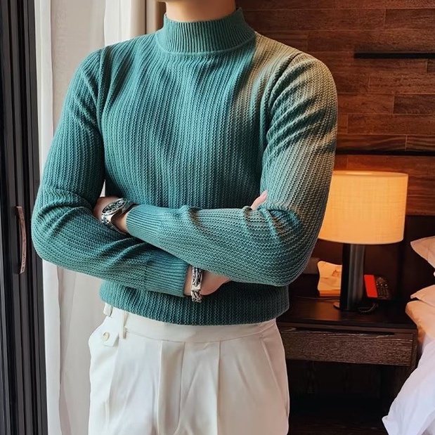 Sweater Men's Korean Version Slim-Fit Long-Sleeved Striped Round Neck Inner Top Autumn Winter Turtleneck Warm Bottoming209_voghion.com
