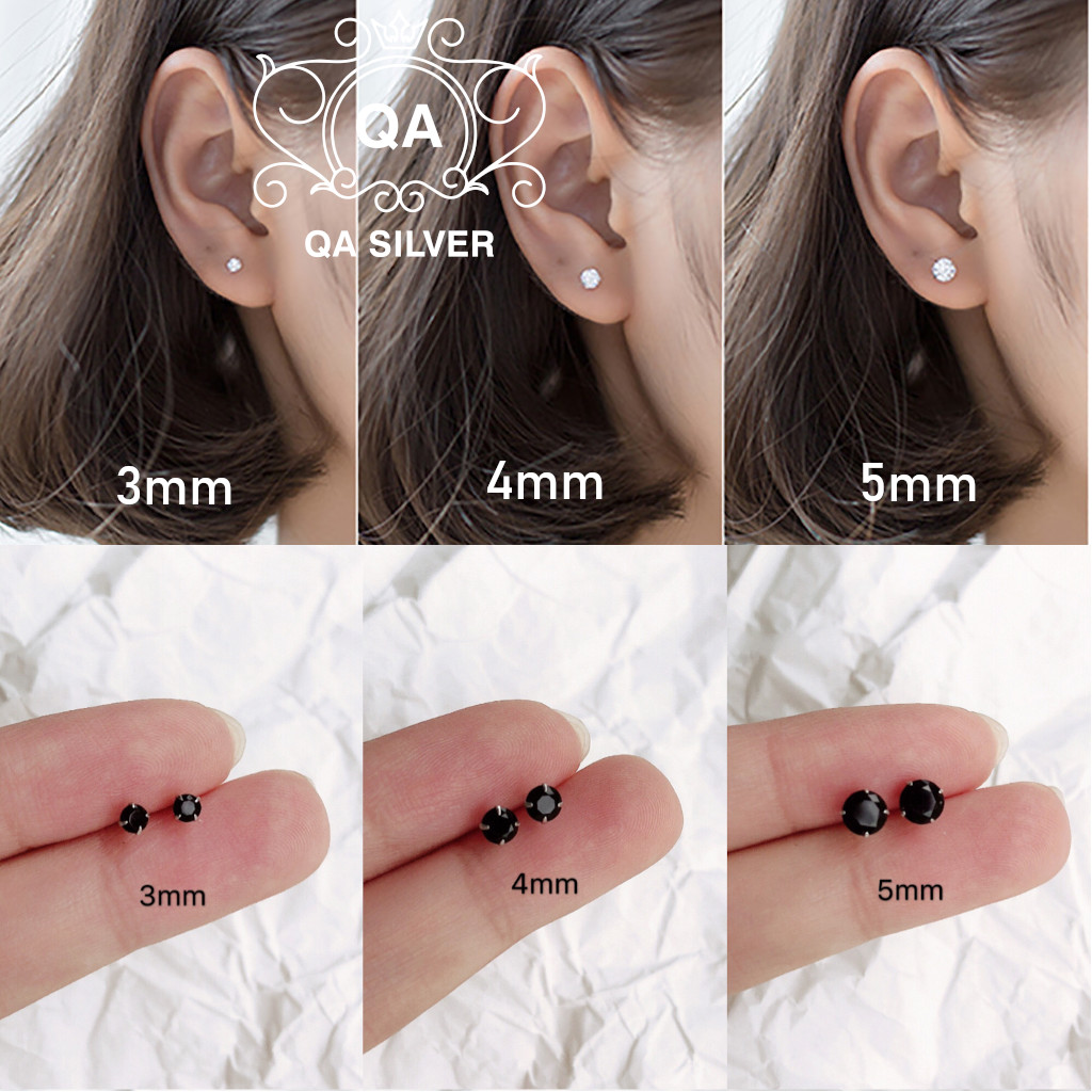 Bông tai bạc 925 đính đá đen trắng chấu khuyên nụ trơn nam nữ S925 BASIC QA SILVER Earrings EA170801