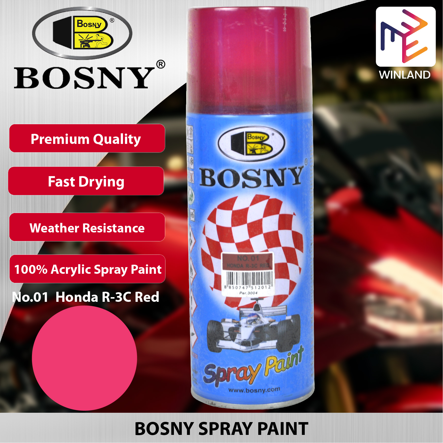 Bosny by Winland Pearl and Metallic Spray Paint No.01 Honda R3C Red Spraypaint Pylox * WINLAND