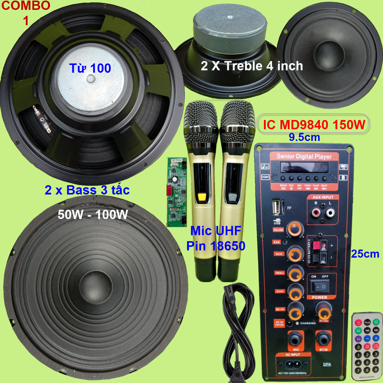 Mạch loa kéo 3 tấc đôi DSP lập trình chống hú IC MD9840 150W nguồn xung 220V – kèm loa và Micro đôi