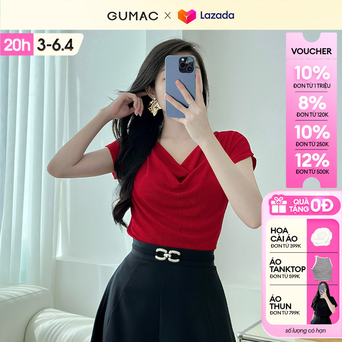 [MUA 2 CHỈ 199K/Áo] Áo Thun Cổ Đổ GUMAC Áo Thun Kiểu Sang Trọng Áo Đi Tiệc Vải Thun Ánh Nhung Co Giãn Tôn Dáng ATE01031