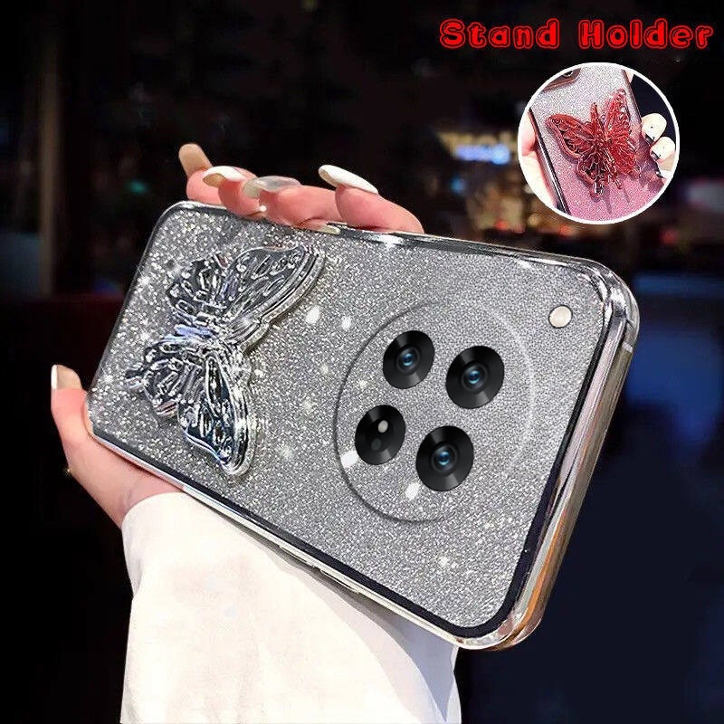 For Redmi 14C Case with Cute Butterfly Stand Luxury Slim Gradient Clear Plating Glitter Girls for Xiaomi Redmi 14C Back Cover.