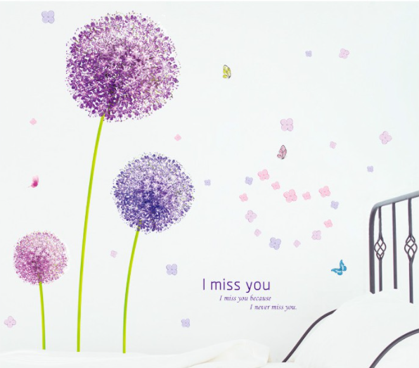 decal trang trí tường - bồ công anh tím lãng mạn