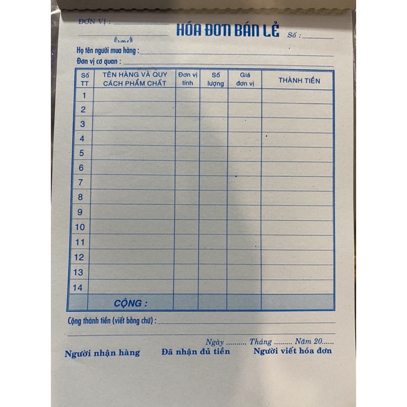 Hoá đơn bán lẻ 1 liên ( cuốn 100 tờ).