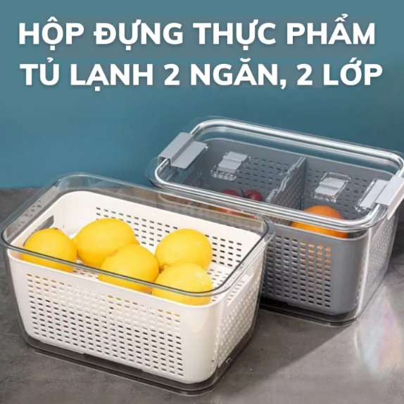 Hộp đựng thực phẩm kèm rổ tách nước 2 ngăn tiện lợi - hộp đựng thực phẩm thiết kế 2 ngăn có rổ tách nước - hộp bảo quản thực phẩm có nắp đậy chắc chắn có thể dùng trong tủ lạnh