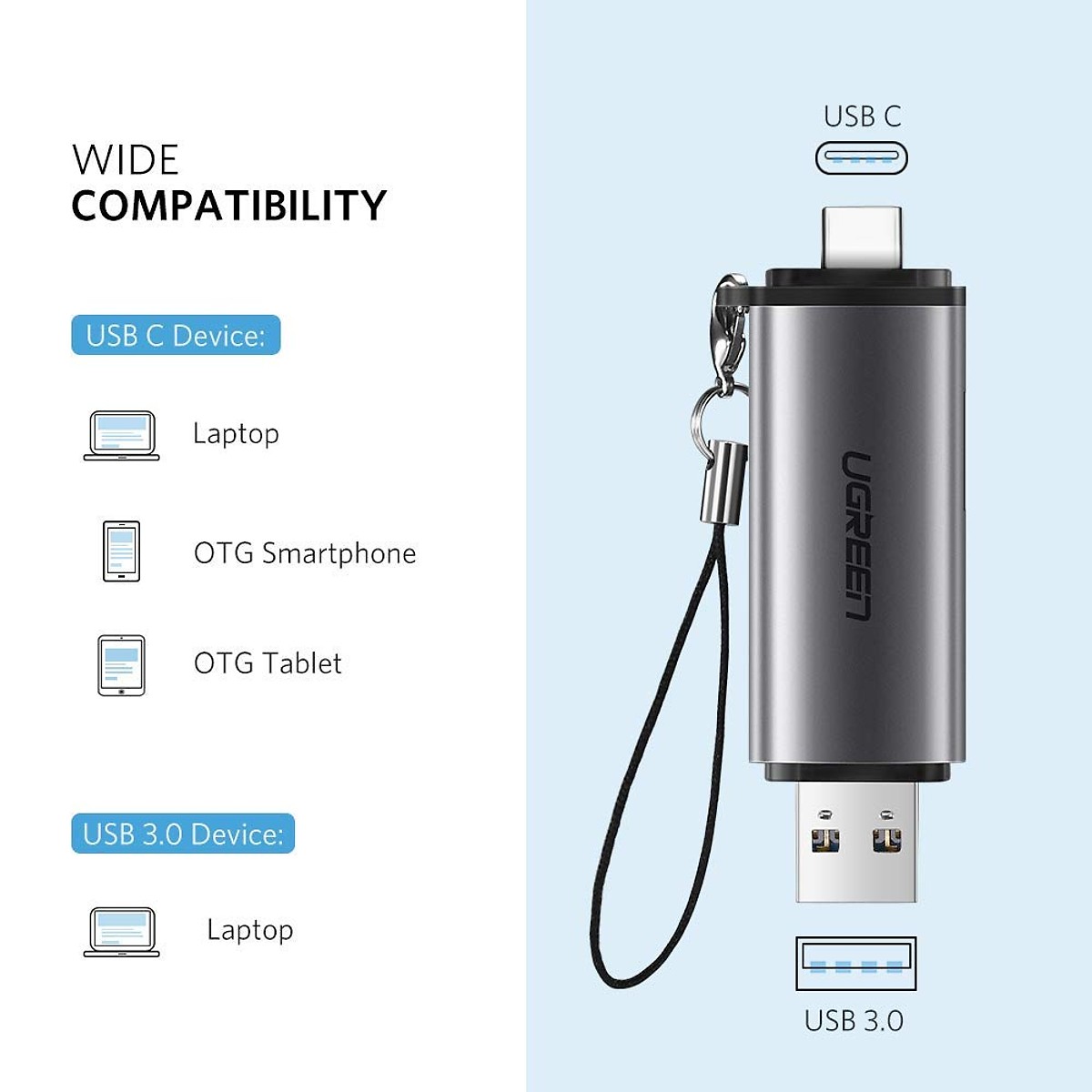 Đầu đọc thẻ nhớ SD/TF chuẩn USB Type-C/USB 3.0 Ugreen 50706 Chính Hãng