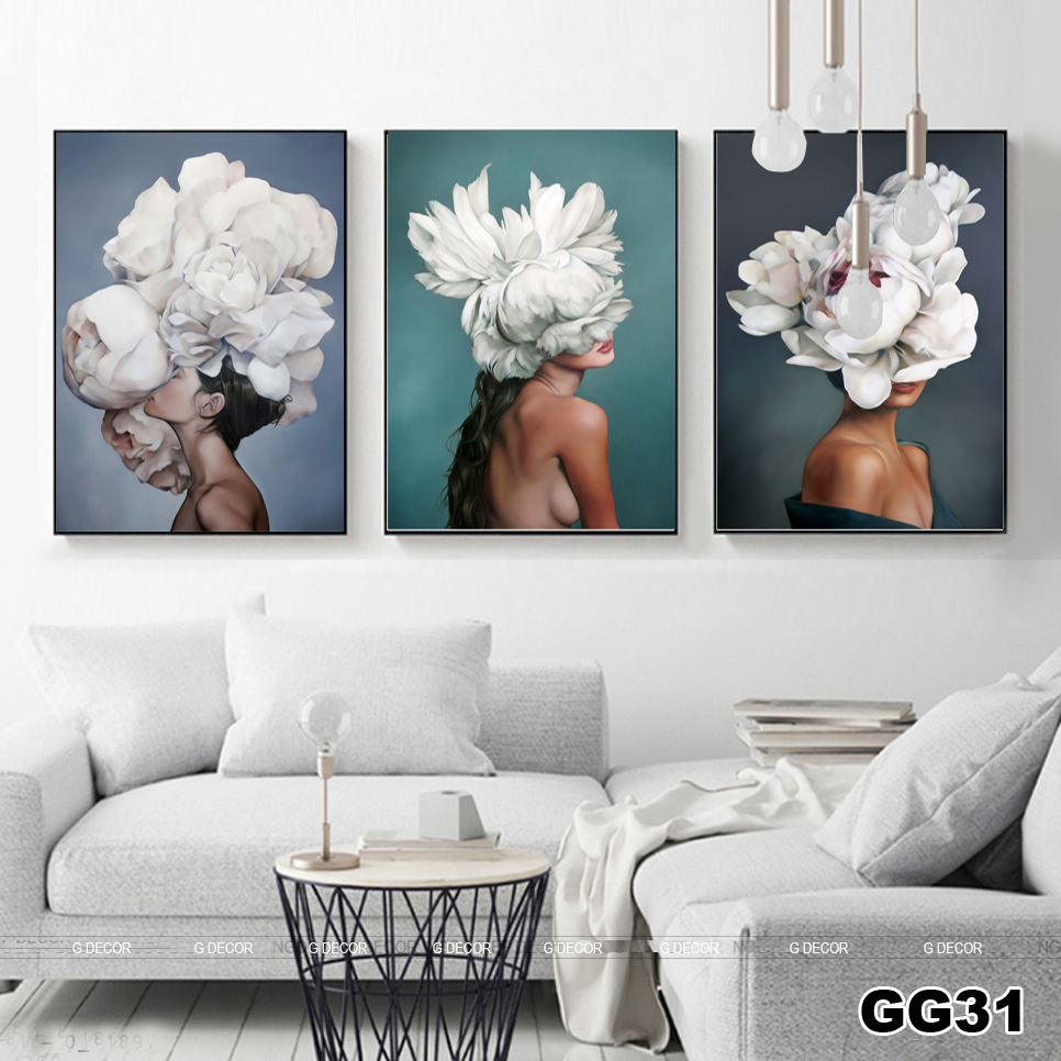Tranh treo tường canvas 3 bức phong cách Bắc Âu 54, tranh cô gái trang trí phòng khách, phòng ngủ, phòng ăn,spa, decor
