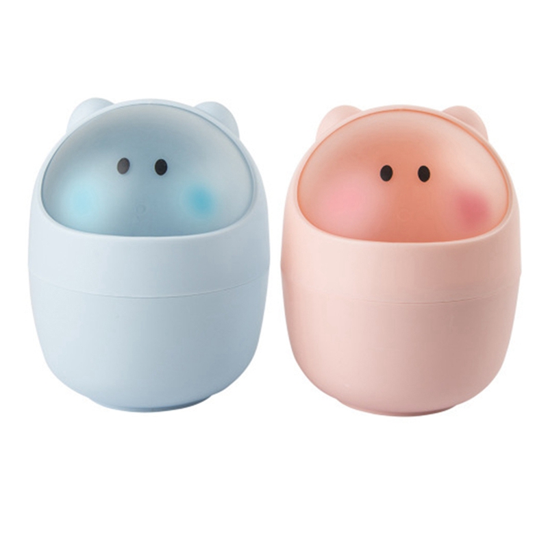 2Pcs Mini Waste Bin Desktop Garbage Basket Cleaning Barrel Creative Small Desk Organizer Storage Dustbins Animal Trash Can Paper Towel Container Blue & Pink
