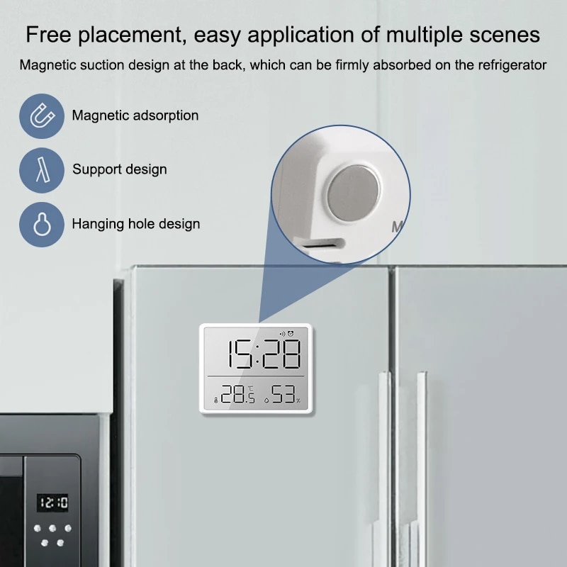 Magnetic LCD Digital Alarm Clock For Refrigerator Large Screen Date Temperature Humidity Display Wall Mounted Kitchen Clocks