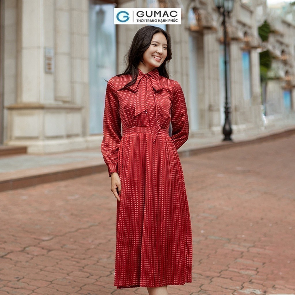 Đầm nữ dập ly buộc nơ thời trang GUMAC DD06042