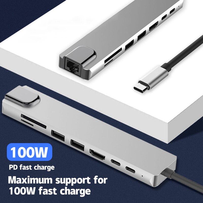 Type C 8 In1 USB C Hub 8In1 Type C HDMI 4K Adapter RJ45 Lan Ethernet TF SD Reader USB-C 3.0 Typec Docking Station Laptop Macbook