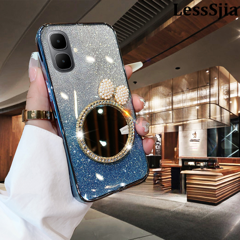 New Phone Cover infinix Smart 10Plus Back case with Bow Makeup Mirror Luxury Shiny Gradient Clear Plating Glitter Girls Slim For infinix Smart 10+ Phone cases.