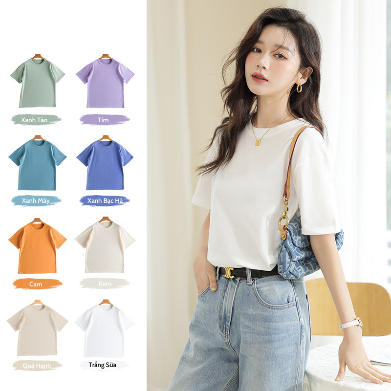 Áo Thun Trơn Nữ Basic Cổ Tròn Chất Vải Dày Mịn