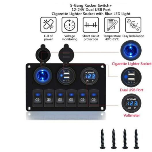 6 Gang LED Switch Panel Car DC 12V 24V Switch with Waterproof Dual USB LED Voltmeter Waterproof Switch Board Blue LED On Off Switch Board 6 Gang 12V Car Boat Circuit, Dual USB