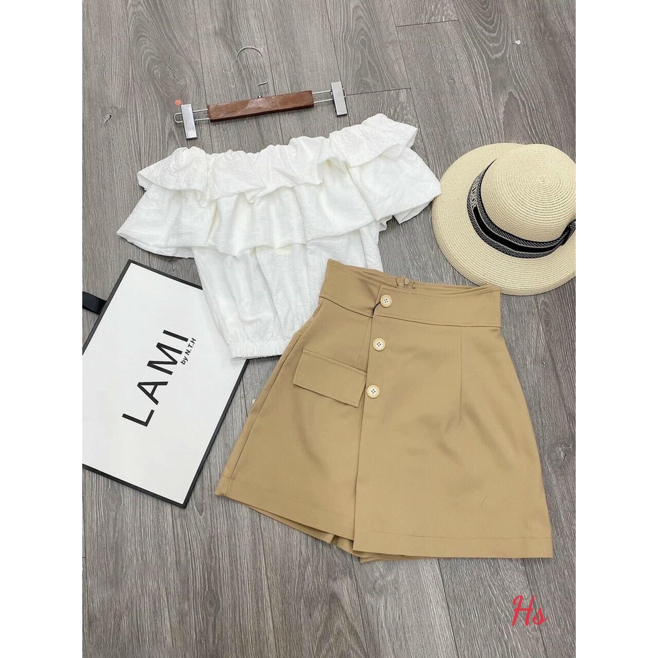 Áo croptop trễ vai 2 tầng cộc tay bồng bánh bèo áo trắng trần năng động