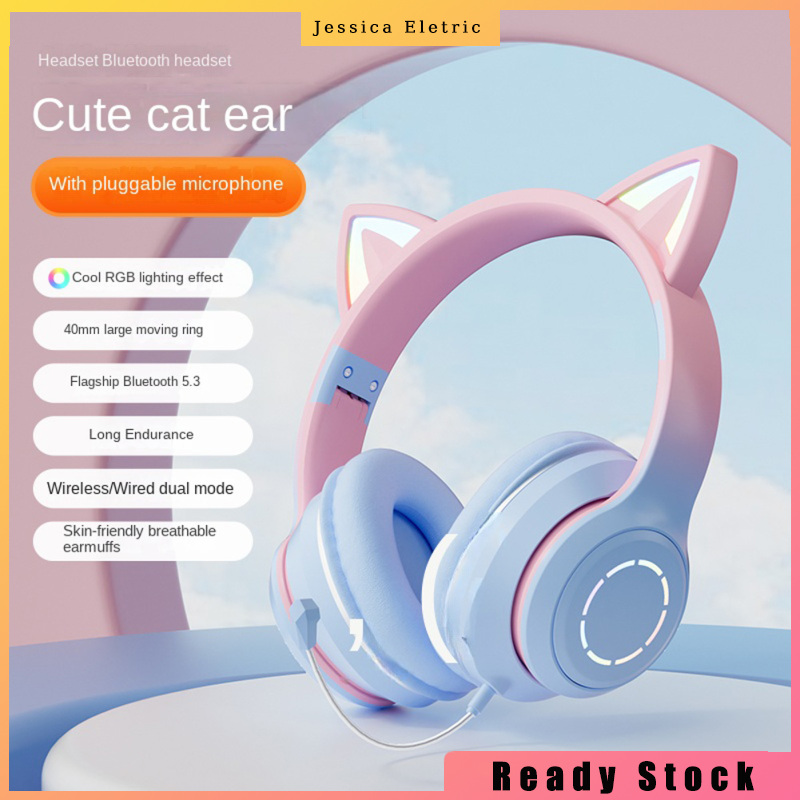 Wireless Bluetooth-compatible Headphone Gradient Color Luminous Cat Ears Gaming Headset Lovely Christmas Gifts