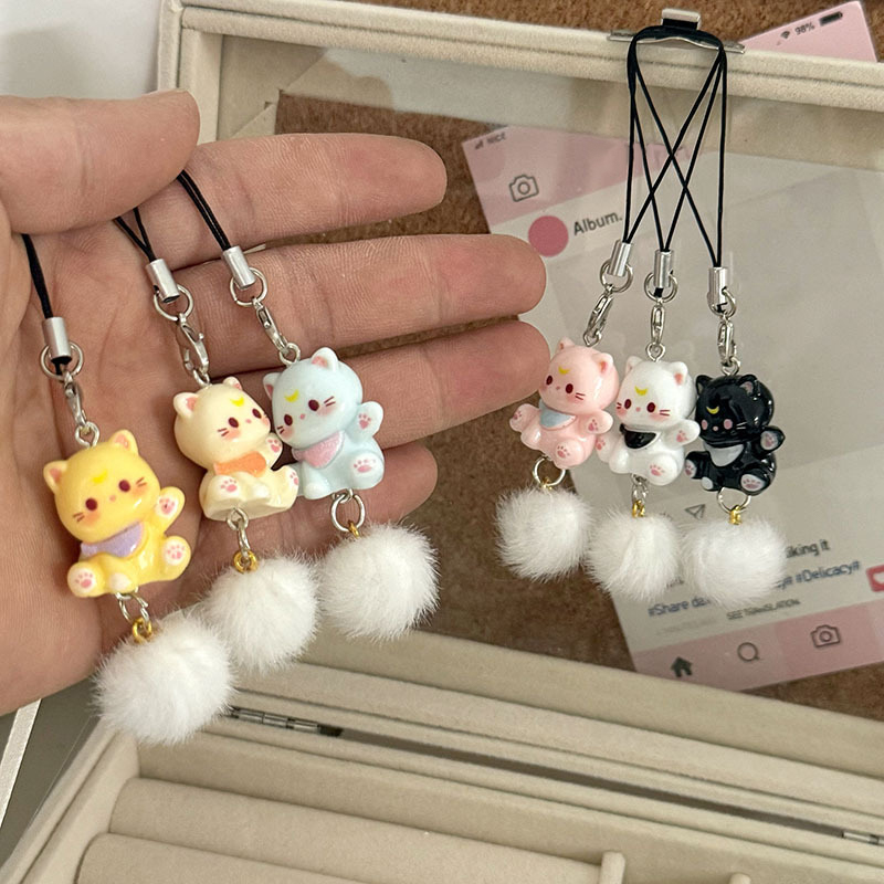 Cartoon Kitten Plush Ball Keychain Anti Lost Phone Charm Pendant ...