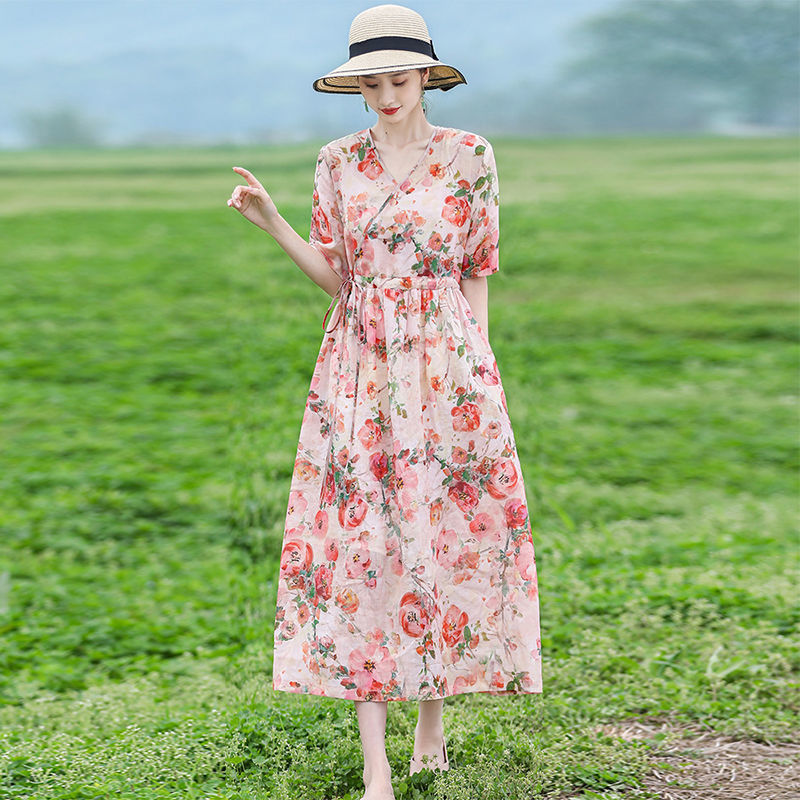 Retro Art Fragmented Flower V-Neck Dress for Women 2023 Summer Elegant Ladies Dress Loose and Slim Lacing Up Waist Printed Long Skirt