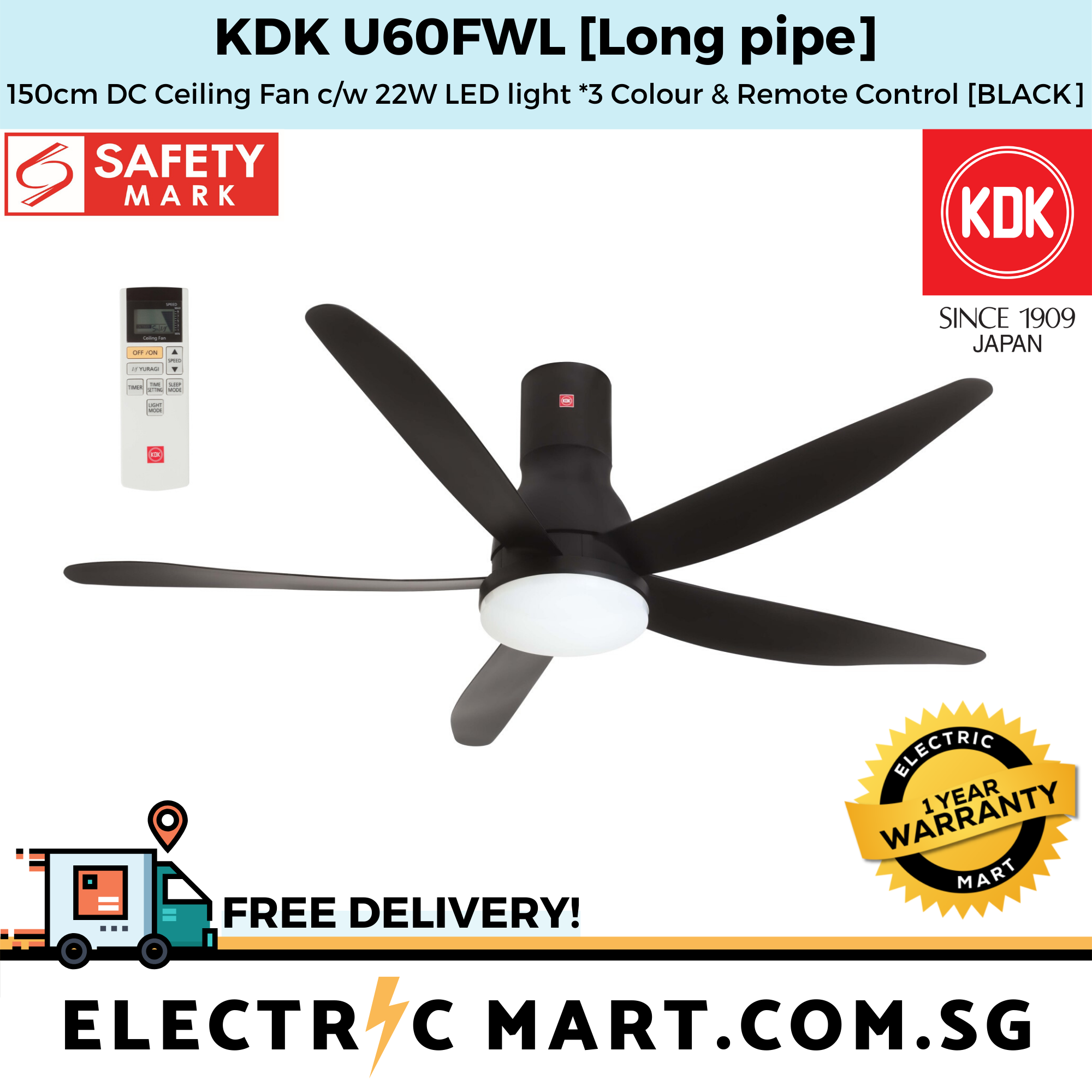 KDK U60FWL 150cm 60 DC Ceiling Fan c/w 