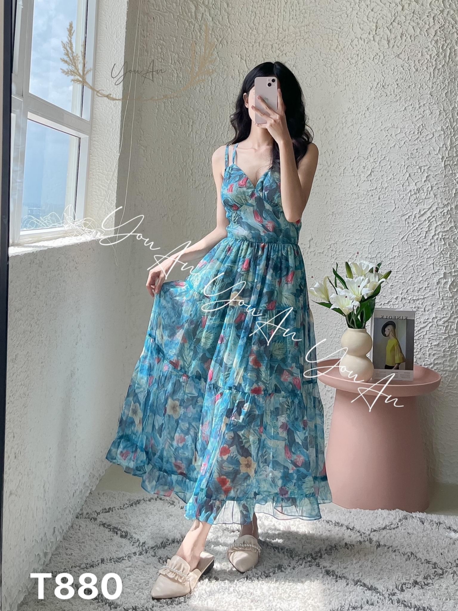 Maxi lụa nữ 2 dây đi biển voan hoa chingfon có mút T880