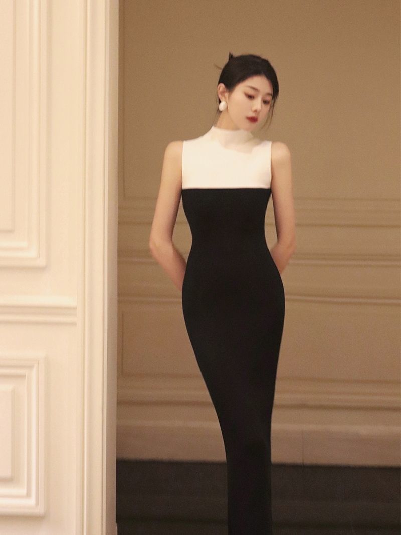 Slim Fitting Dress for Women Summer Pure Color Contrast Simple Waist Sleeveless Split Hip Wrap Long Dress