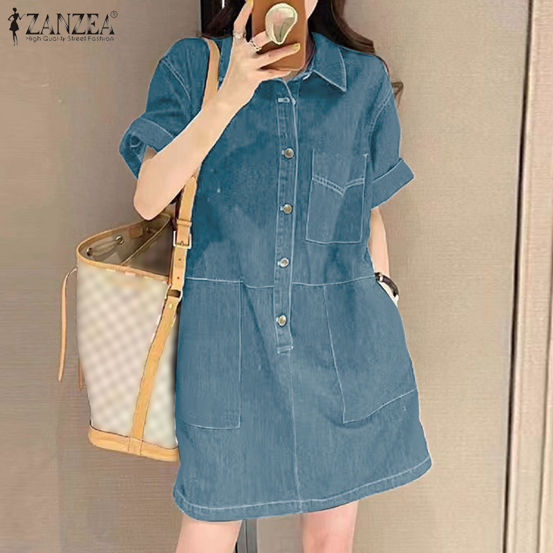 ZANZEA%20Korean%20Style%20Women's%20Dress%20New%20Fashion%20Short%20Sleeve%20Lapel%20Denim%20Shirtdress%20Plain%20Mini%20Dresses%20-%20Image%203