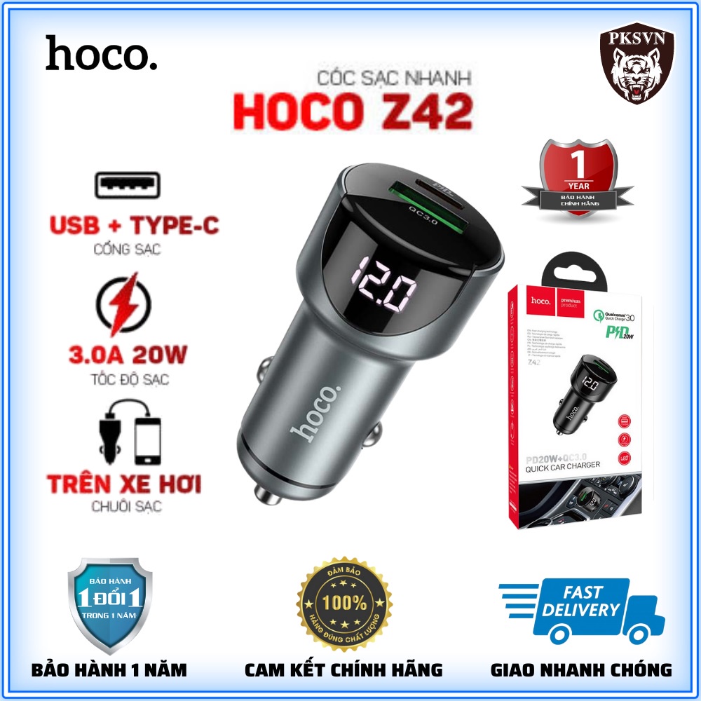 Tẩu sạc nhanh 20w chính hãng trên ô tô hoco z42 - tẩu sạc xe hơi 2 cổng sạc nhanh usb và type-c sạc 50% pin trong 30p