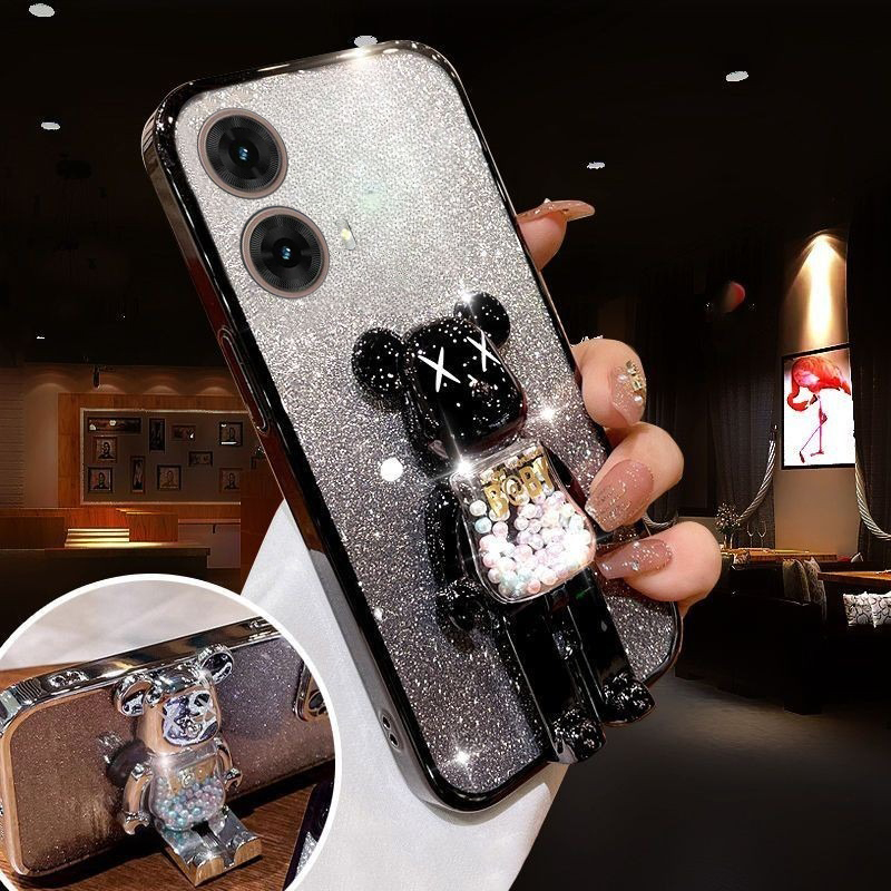 New Phone case Motorola Moto G45 Back cover with Cartoon 3D Bear Stand Luxury Slim Gradient Plating Glitter Girls Stylish for Motorola G45 case.