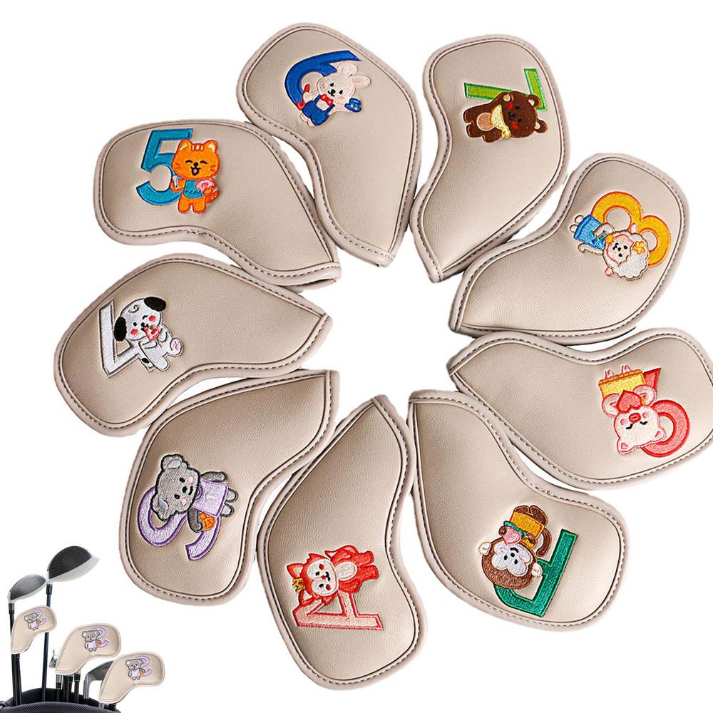 9Pcs/Set Portable PU Golf Club Iron Head Covers Protector Golfs Head Cover Set Golf Accessories Golf Putter Cover Golf Headcover