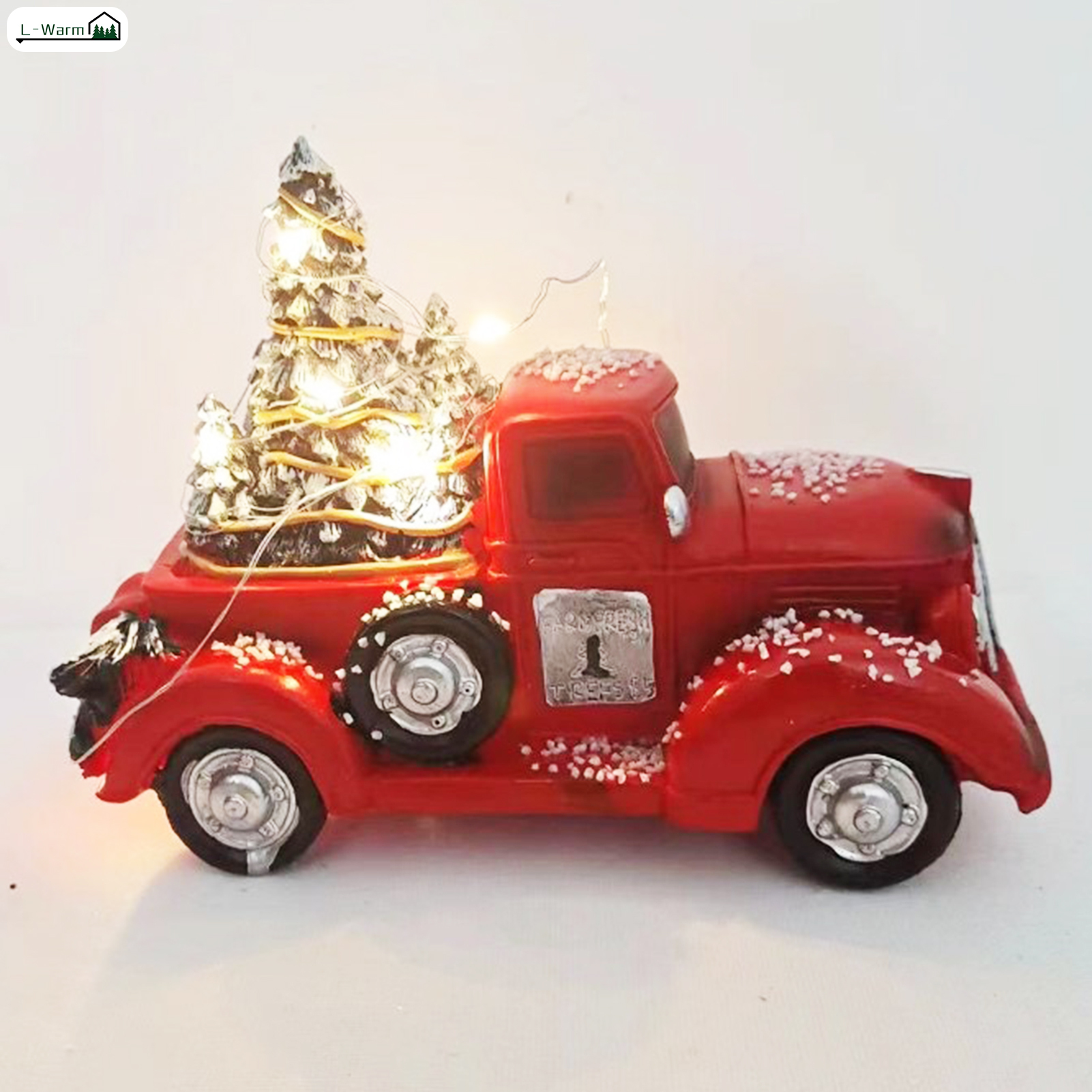 L-Warm Christmas Red Farm Truck Ornament Vintage Red Pickup Truck with Christmas Trees for Home Office Table Decorations