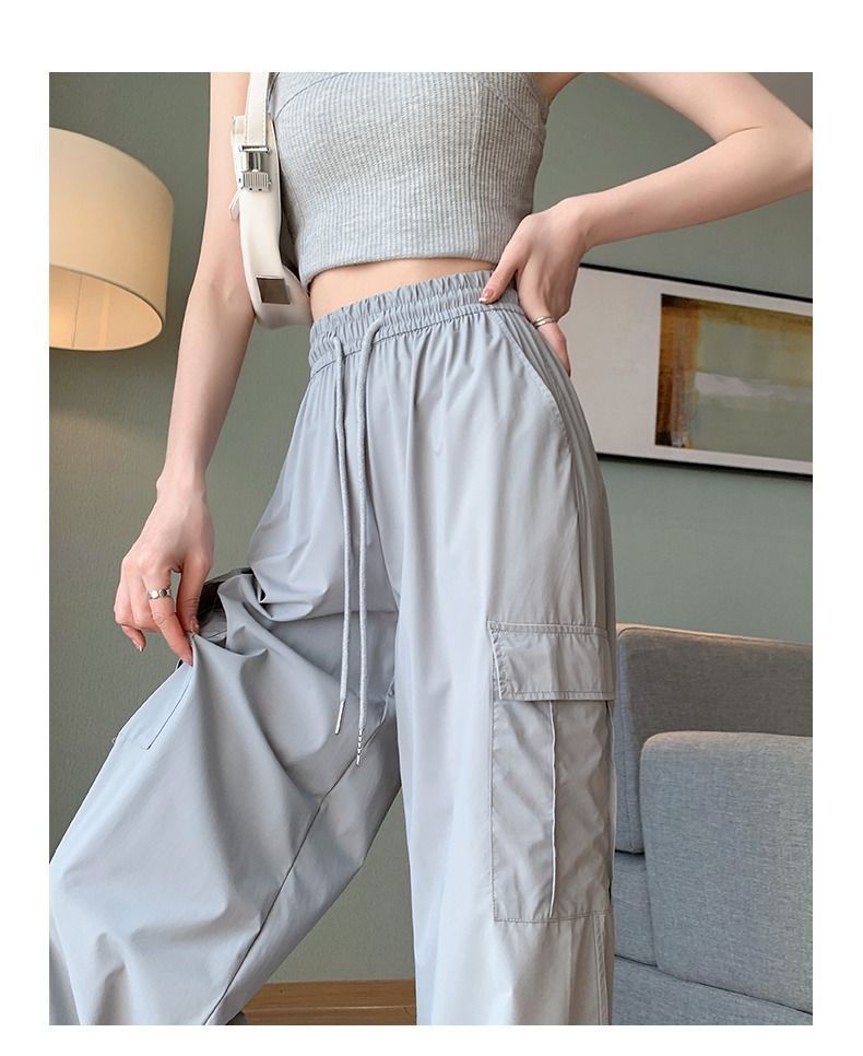 y2k American Cargo pants for girls women Korean style ice silk Quick drying  high waisted straight leg wide leg pants