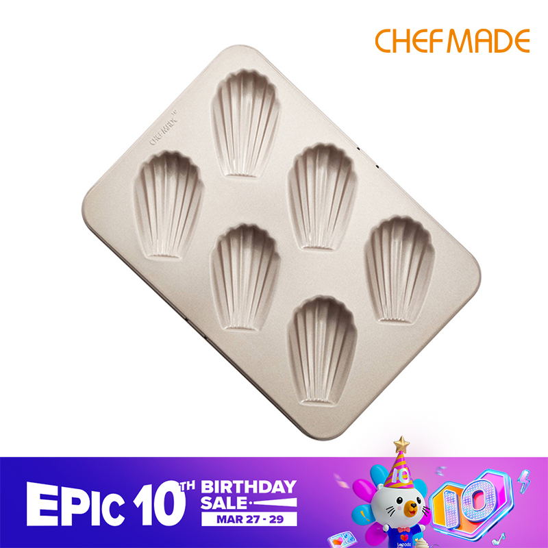 CHEFMADE 6 Cup Madeleine Pan Shell Mold Madeleine Baking Tray Non-stick Cup Cake Mold Bakeware Champagne Gold Professional Series WK9029